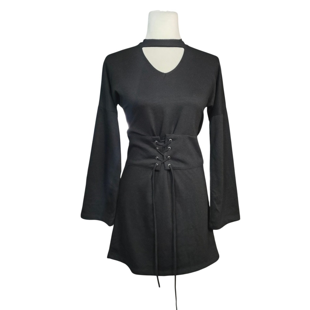 Moral Fiber NEW Black Mini Dress Lace Up Corset Waist Bell Sleeve Goth Baddie S